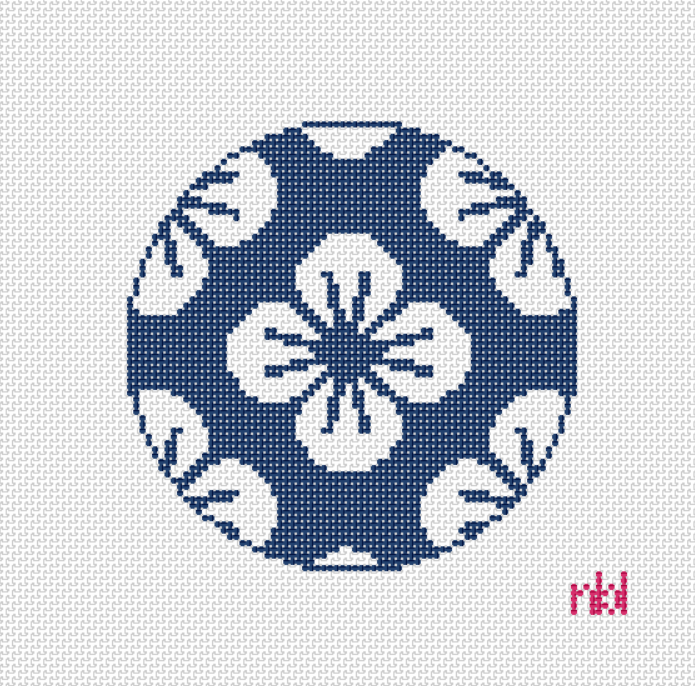 Navy and White Flower 4 inch round needlepoint canvas